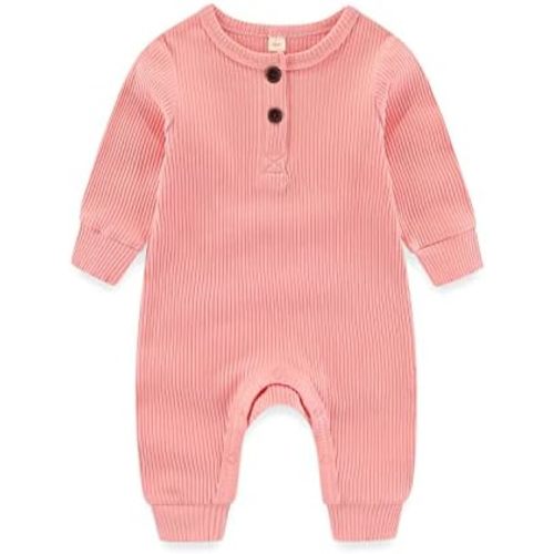 Newborn Baby Boys Girls One Piece Romper with Mitten Cuffs Solid Long Sleeve Ribbed Button Jumpsuit Outfit Clothes