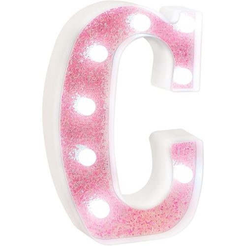 Pink Glitter Marquee Light Up Letters, Battery Powered LED Alphabet Letter Lights Sign for Birthday Party Table Decorations, Wall Decor for Girls Room, Pink Initial Letter C w/Cool White Lights