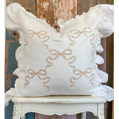 Bows and Ribbons Ruffle Pillow Cover, Shabby French Country Linen Pillow, French Antiques, Cottage Chic Summer Decor.
