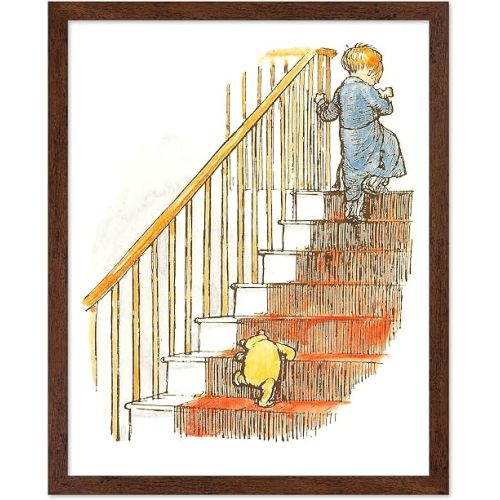 Poster Master Pooh & Christopher Poster - Going Up The Stairs Print - Classic Storybook Art - Baby Boy Girl Room Aesthetic Posters - Kids Playroom Wall Decor - 11x14 Brown Framed