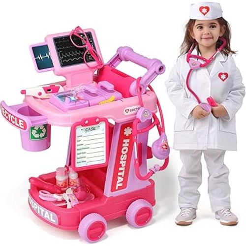 Liberry Doctor Kit for Toddlers Aged 2 3 4 5, Pretend Doctor Play Set for Kids with Cart, Costume and Stethoscope, Role Play Medical Toys for Girls Boys(Pink)