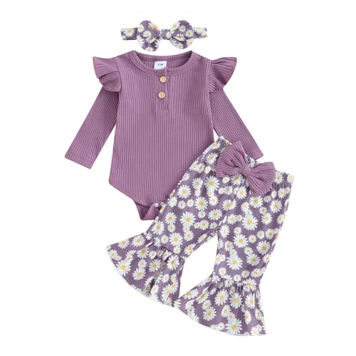 fhutpw Newborn Baby Girl Clothes Rib Frill Long Sleeve Romper Daisy Flared Pants Headband Set 3pcs Fall Winter Outfits