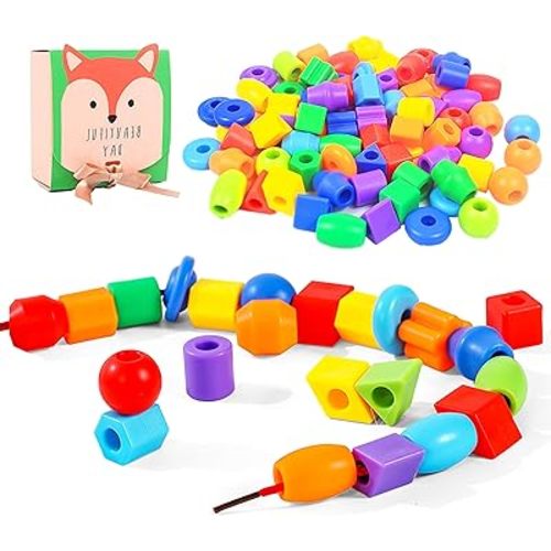 Plastic Lacing Beads for Kids with Fun Shapes, Long String, and Brilliant Colors, Educational Occupational Therapy Toys-Fine Motor Toys，Montessori Toy for 3 Year Old and Above（70 pcs）