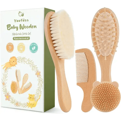 Yoofoss 4 Piece Baby Brush and Comb Set, Wooden Baby Brush with Natural Ultra Soft Goat Hair, Baby Hair Brush for Newborn, Baby Brush Set for Boy Girl