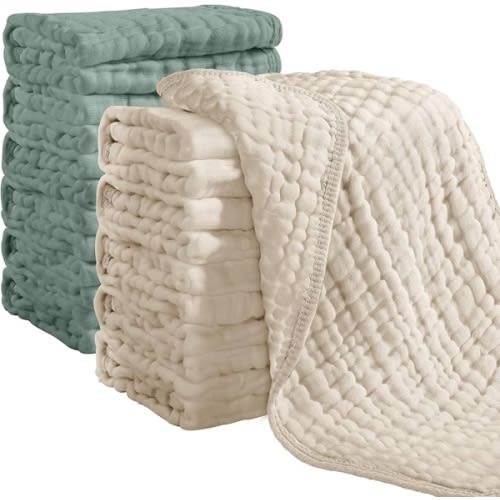 Looxii Muslin Burp Cloths 100% Cotton Muslin Cloths 12 Pack Large 20''x10'' Extra Soft and Absorbent Baby Burping Cloth for Boys and Girls (Apricot+DarkGreen)