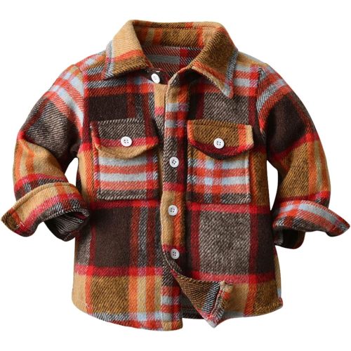 HIUARA Kids Toddler Flannel Shirt Jacket Plaid Long Sleeve Lapel Button Down Shacket Baby Boys Girls Fall Shirt Coat Outwear
