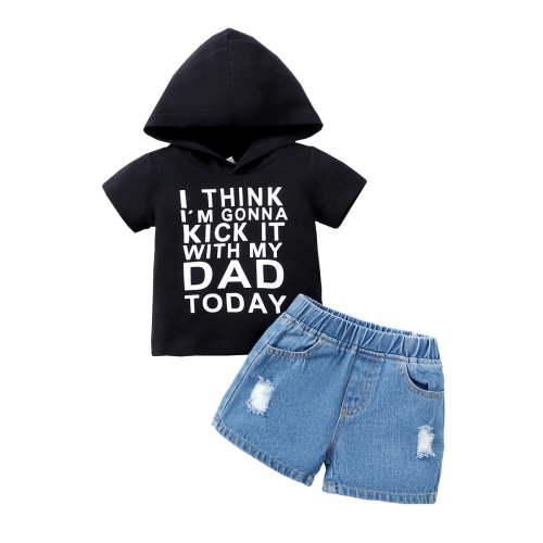3 Months Infant Baby Boys Clothes 6 Months Infant Boys Summer 2PCS Outfits Letter Print Short Sleeve Hooded Shirt Top Denim Shorts Set Black