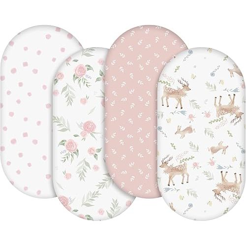 Gllquen Baby Bassinet Sheets 4 Pack, Breathable Cozy Fitted Mattress Sheet, Elastic Travel Crib Fashionable Floral Pattern, Standard Cradle Safe Sheets for Baby Boy Girls 32"X16"(Deer & Rose)