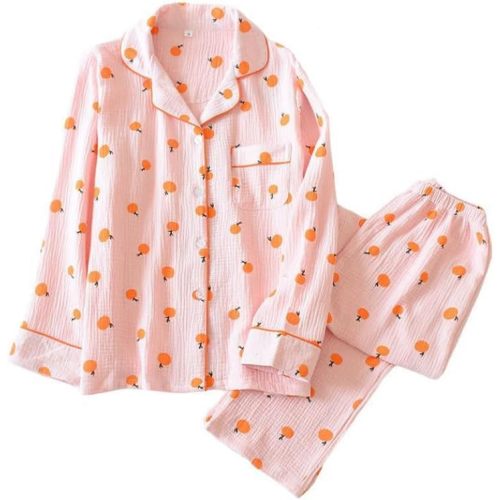 codcm Womens Cotton Gauze Pajama Set Long Sleeve Button Up Shirt and Pants 2 Piece Cute Printed Pj Set