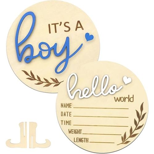 Hello World Newborn Sign Boy, Gender Reveal Birth Announcement Sign, 2PCS Its a Boy and Hello World baby Welcome Board Wooden Name Announcement Plaque for Photo Props Baby Shower Hospital Nursery