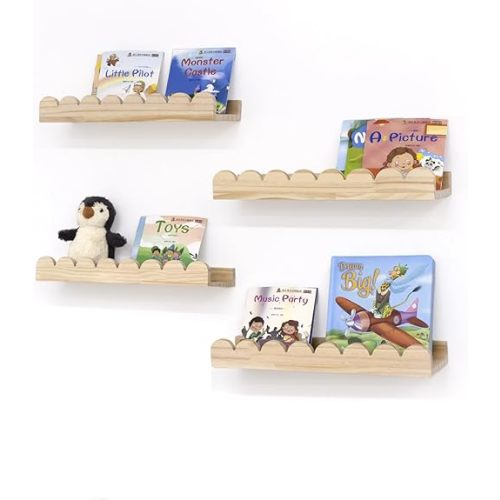Scalloped Shelves for Nursery - Wall Book Shelves for Bedroom Kids, Nursery Bookshelf for Wall Set of 4, Floating Book Shelves Solid Wood,16 Inch, Natural