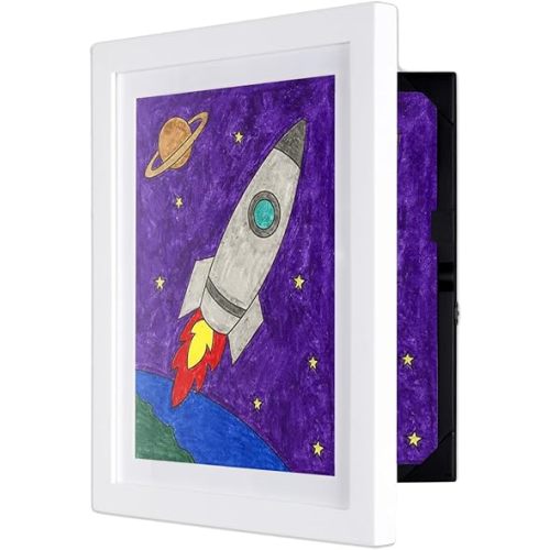 Dynamic Frames Li’l Davinci Art Cabinet, Stores up to 50 Pieces of 9x12 inch Art, Outer Wooden Frame Dimensions 11.75 x 14.75 inches, Kids Art Frame, Front Opening, Universal Hanging, White