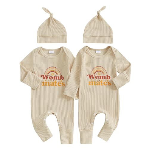 YOKJZJD Newborn Baby Girl Boy Twins Matching Outfits Womb Mates Knitted Romper Mitten Cuffs Jumpsuit with Hat Fall Clothes