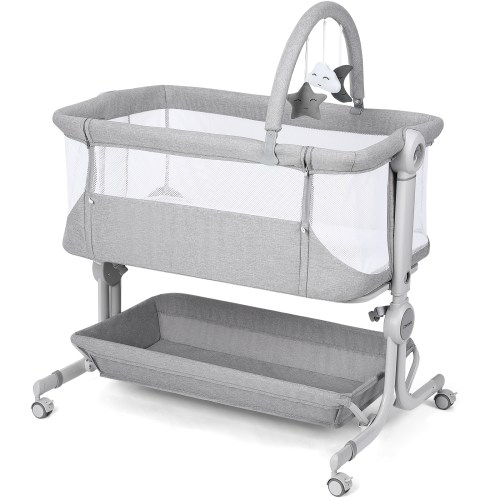 Cowiewie Baby Bassinet Bedside Crib with Storage Basket, Wheels and Toys, Portable Bassinets 0-6 Months Gray