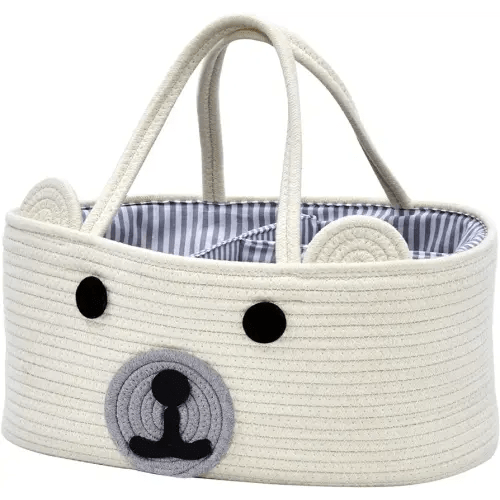 InfiBay Baby Diaper Caddy Organizer, Baby Nursery Storage with Removable Dividers and Sturdy Handles, Cute Bear Basket,White Cotton Rope Baby Basket, Portable Diaper Storage Basket