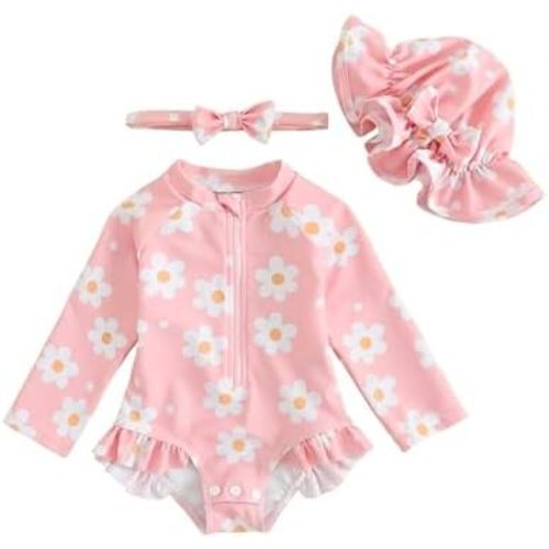 FishingDino Baby Swimsuit Girl Rash Guard Set 3M-3T, Long Sleeve UPF Infant Bathing Suit with Hat & Headband, Bottom Snaps