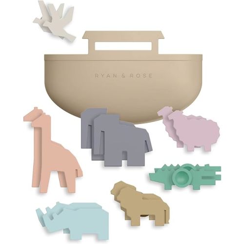 Noah's Ark Suction Toys - 1 Ark, 14 Animals (7 Pairs) - Toddler Bath Toys, Baptism Gifts for Boys, Mold Free No Hole Silicone