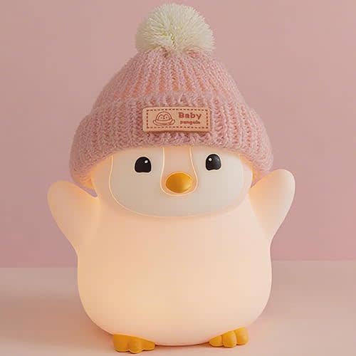 Penguin Night Light, Cute Pink Penguin Lamp with Knit Hat, Soft Silicone Nursery Nightlight for Baby, Rechargeable/Dimmable/Timer,LED Squishy Novelty Animal Bedside Lamp,Funny Gifts for Kids
