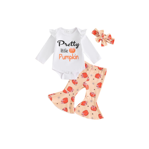 Newborn Baby Girl Halloween Outfits Long Sleeve Romper Tops Pumpkin Bell-Bottom Flare Pants Headband Infant Fall 3Pcs Clothes Set