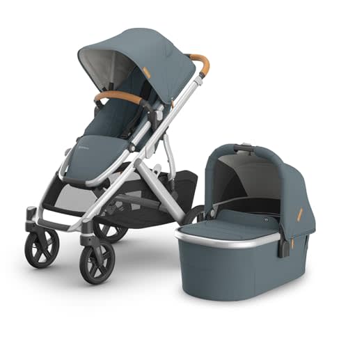 UPPAbaby Vista V3 Stroller + Bassinet V3 - Convertible Single-to-Double Stroller System- Bassinet, Toddler Seat, Bug Shield, Rain Shield Included- Callum (Stone Blue/Silver Frame/Sand Leather)