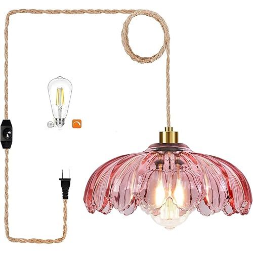 QIYIZM Pink Plug in Pendant Light Hanging Lights with Plug in Cord Boho Hanging Lamp Glass Gold Mid Century Modern Vintage Dimmable Flower Plug in Chandelier Ceiling Fixture for Living Room,Kitchen