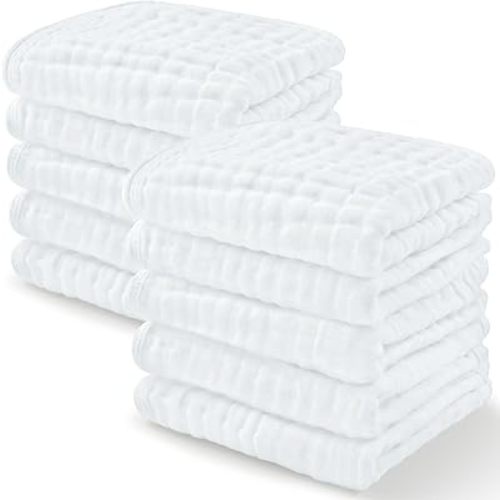 Comfy Cubs Muslin Baby Washcloths 10 Pack - Soft 6-Layer Cotton Wash Cloths for Sensitive Skin - 10"x10" Large, Gentle, Absorbent Infant Essentials for Newborn and Toddlers - (White)