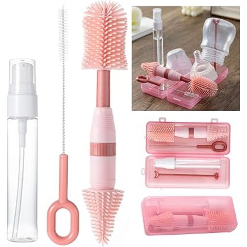 Travel Bottle Cleaner Kit, Anivona 5 in 1 Baby Bottle Cleaner Kit with Extendable Silicone Brush, Nipple Brush, Straw Brush, Soap Dispenser, Drying Rack, Ideal Gifts for Baby Travel Essential (Pink)