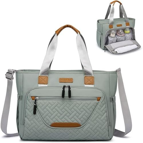 Diaper Bag Tote, Large Tote Diaper Bag with 16" Laptop Compartment, Baby Bag with Insulated Pocket for Mam and Dad, Ideal for Travel, Work (Morandi Grey)