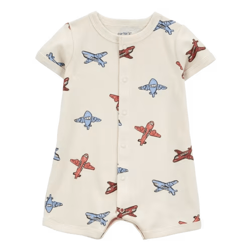 Baby Airplane-Print Ribbed Short-Sleeve Romper - Cream - Carter's | Carter's