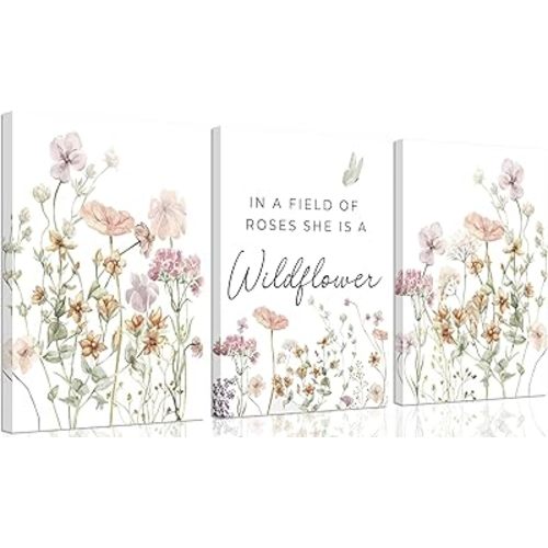 3Pcs Watercolor Flowers Nursery Wall Art Florals Botanical Sentence Picture Wall Decor Pink Wildflowers Poster Print Artwork for Girl Nursery Office Bedroom Livingroom Inspirational Wall Decoration
