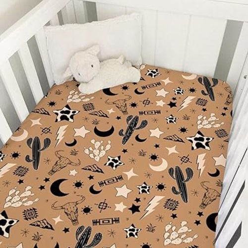 Vintage Western Cowboy Baby Crib Sheet 52''x28'' Retro Cow Skull Cactus Sun Moon Stars Snug Fitted Crib Mattress Cover for Boy Girl Wild Plants Soft Baby Bed Sheet for Standard Crib Toddler Mattress