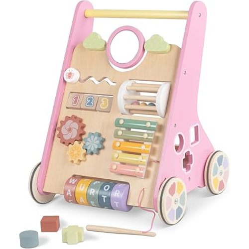 Baby Walker with Wheels, Wooden Push Walker Toys for Babies 6-12 Months, Baby Girl Walking Activity Toys for 1 Year Old