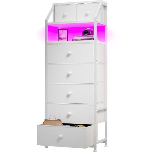 EnHomee 51.2" H Tall Dresser for Bedroom with LED Lights, Night Stand with 7 Drawers, Dressers & Chests of Drawers with Open Wood Shelf, Metal Frame, Bedside Table with Fabric Storage Bins, White