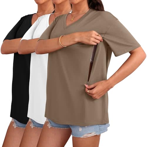 Sweetyweee 3 Pack Women's Oversize Nursing Shirts for Breastfeeding with Hidden Zippers Loose Fit Short Sleeve Maternity Tops