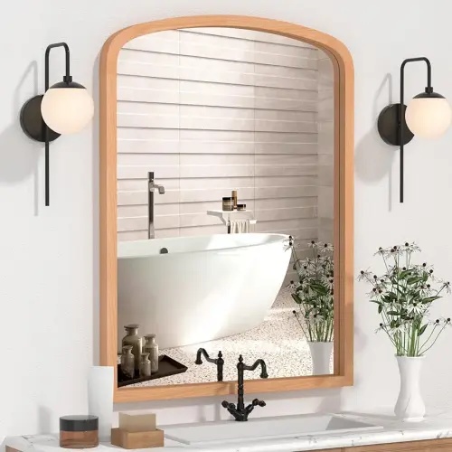 Wood Arch Mirror for Bathroom Vanity, 30" x 40" Arched Mirrors for Wall Decor Farmhouse Wood Frame Mirror for Entryway, Living Room (Natural Color)