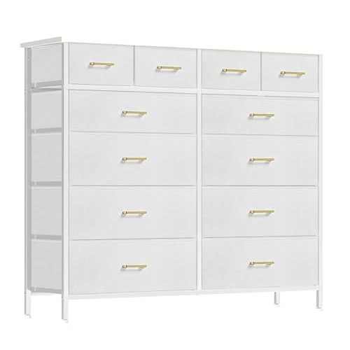 VASICAR Chest of Drawers for Bedroom with 12 Deep Drawers Tall Fabric Dresser, Storage Cabinet for Closet, Nursery, Bedside, Living Room, Entryway, Hallway (White)