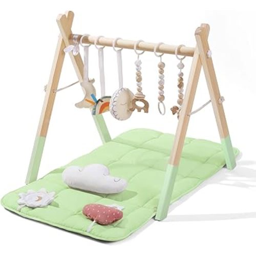 Foldable Baby Play Gym with Mat, Wooden Play Gym with 9 Sensory Toys, Frame Activity Center, Natural Pine Wood, Montessori Toys, Easy to Assemble & Clean, Green Color