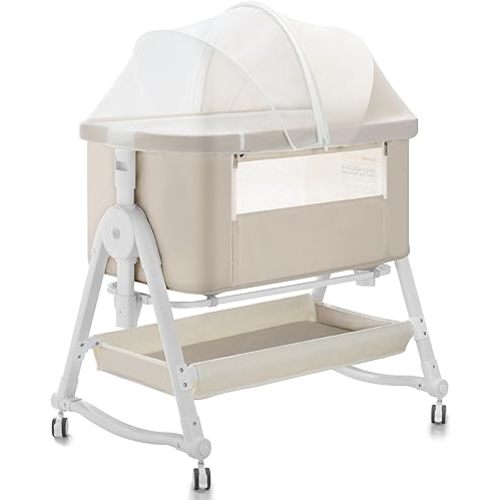 4 in 1 Baby Bassinet, Bassinet Bedside Sleeper with Wheels and Storage Basket, Adjustable 7 Heights Bedside Sleeper with Musquito Net, Breathable Mesh Rocking Bassinet for Baby/Newborn (Cream)