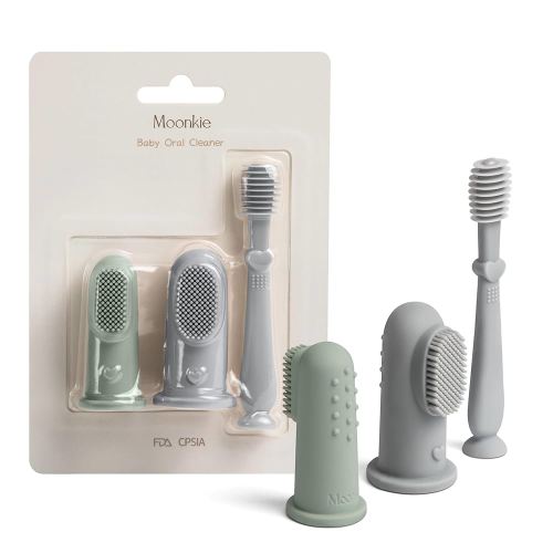 Moonkie Baby Finger Toothbrush Tongue Oral Cleaner Kit for 3 Months +, 3 Pcs (Blue/Mint/Blue)