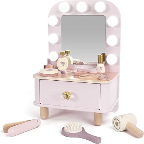 Freniland Wooden Toddler Vanity with Mirror and Light ,Kids Make Up Toy Set,11 Pcs Dressing Table Toy Includes Beauty Salon Set and Makeup Accessories,Pink Vanity for Girls Ages 3+