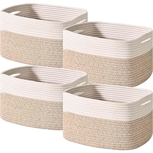 Storage Baskets for Shelves, Woven Storage Basket, Bins for Cube Storage, Cotton Rope Basket with Handles for Toy, Book, and Clothes Living Room , (4 Packs) Off White & Brown