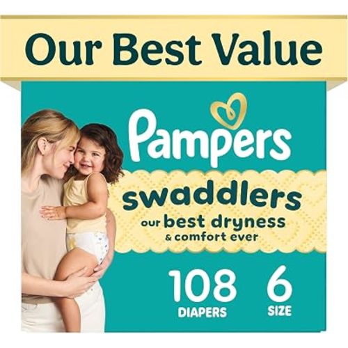 Pampers Swaddlers Diapers, Size 6 (23-44 lbs), 180 Count, Fragrance Free, Hypoallergenic, Absorbent, Pediatrician Recommended, Skin Safe