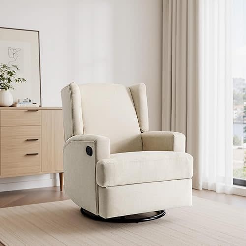 UIXE Swivel Glider Recliner Chair for Adults, Fabric High Back Accent Chair Nursery Rocker for Living Room, Upholstered Manual Reclining Sofa Seating with Deep Seat - Beach