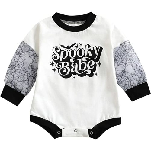 Halloween Baby Boy Girl Clothes Pumpkin Romper Sweatshirt Onesie Crewneck Oversized Long Sleeve Bodysuit Outfit - White Black - 0-3 Months