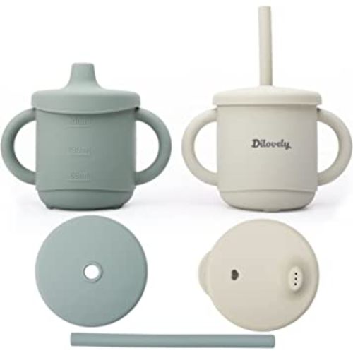 Silicone Sippy Cup for Toddler, Transition Straw Cups for baby 12 months +, Unbreakable Kids Cups 3 in 1, 2 Pack Dishwasher & Microwave Safe, BPA Free 7oz Green