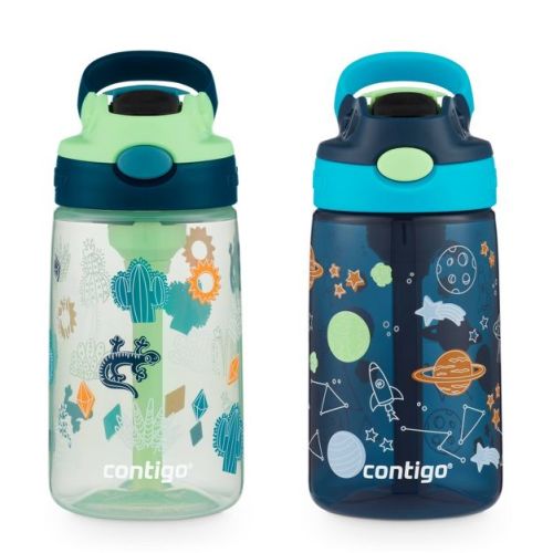 Contigo 14oz 2pk Plastic Cleanable Kids' Water Bottles Green/blue: Leakproof Bpa-free Toddler Straw Cups, Dishwasher-safe