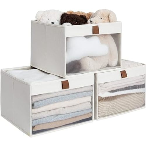 StorageWorks Closet Storage Bins, Large Storage Baskets with Clear Window and Handles, Fabric Organizer for Clothes, Foldable Cube for Shelves, Beige, 3 Pack