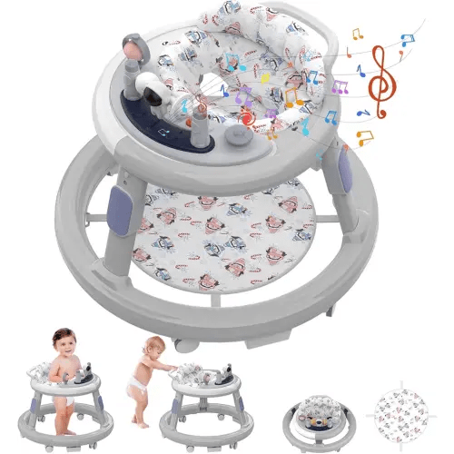 Baby Walker Foldable, Baby Walker with Wheels, Infant Toddler Walker with Foot Pads, Anti-Fall Baby Walkers and Activity Center for Boys Girls Babies 6-24 Months with Music Adjustable Heights (Grey)