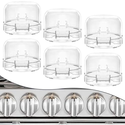6 Pack Stove Knob Covers for Child Safety, Gas Stove Knob Locks for Baby and Pets, Baby Proof Stove Oven Knob Safety Covers with Adhesive, Waterproof, Oil Resistant, (Transparent)