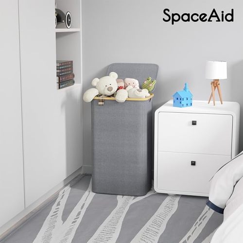 SpaceAid Laundry Hamper with Lid, 110L Large Tall Clothes Basket Bin with Bamboo Handles, Collapsible Laundry Hamper for Bedroom, Bathroom, Dorm, Laundry Room - Grey